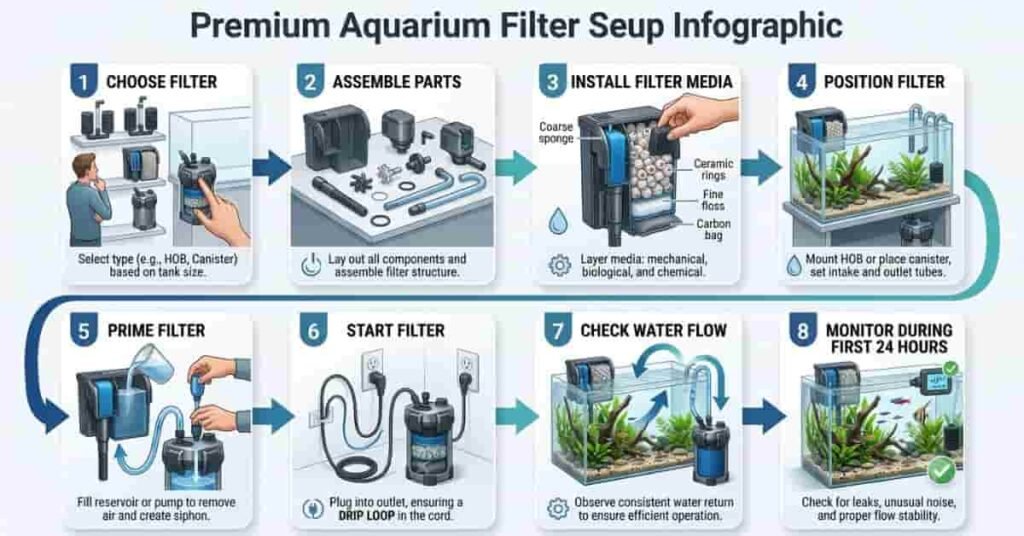 Step-by-step infographic showing the complete aquarium filter setup process from installation to startup.