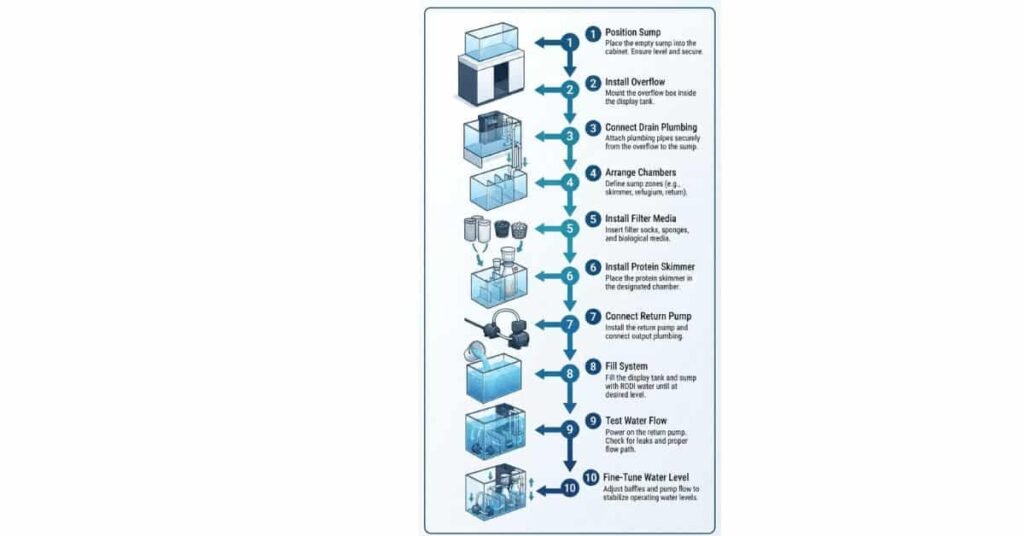 Step-by-step aquarium sump setup infographic showing installation from sump placement to water testing.