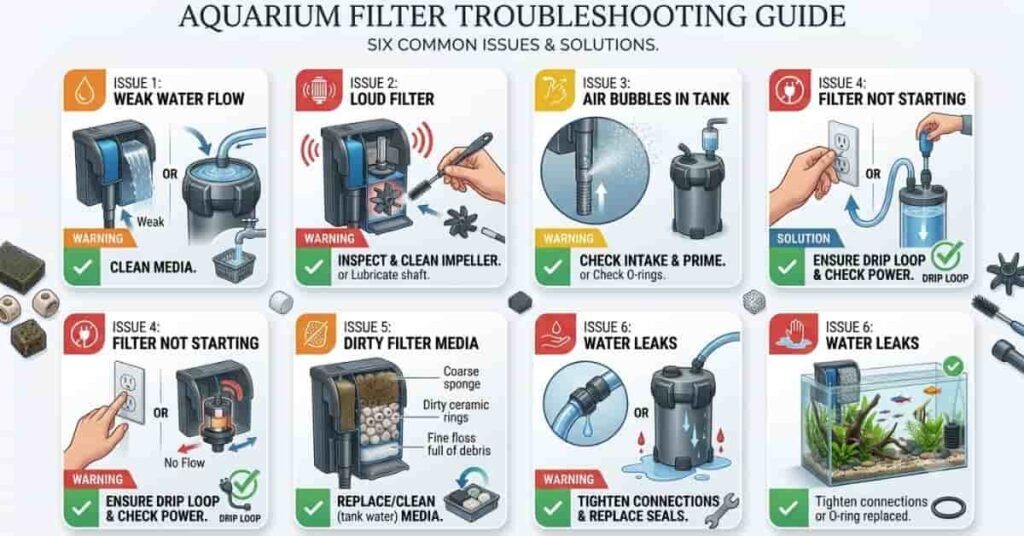 Aquarium filter troubleshooting infographic showing common filter problems and practical solutions.