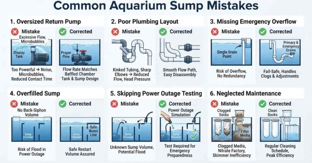 Common aquarium sump setup mistakes infographic showing plumbing, pump sizing, overflow, and maintenance errors.