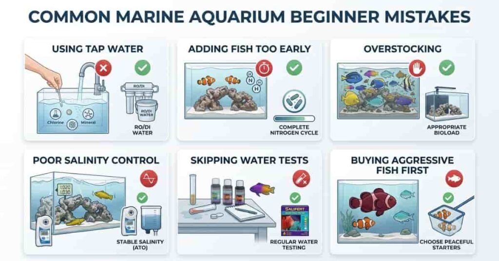 Common beginner mistakes in a marine aquarium including tap water, overstocking, poor salinity control, and adding fish too early.