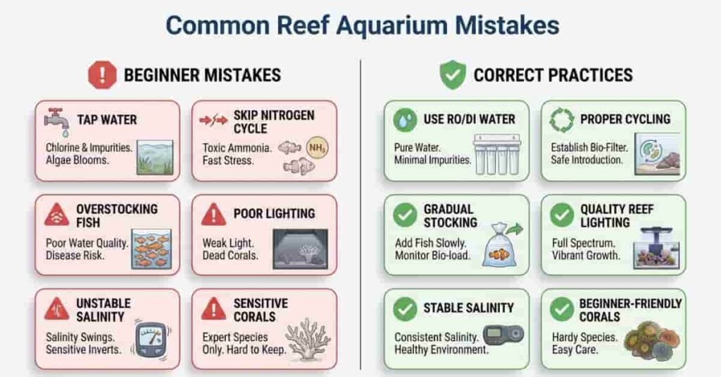 Common reef aquarium mistakes infographic showing beginner errors and recommended best practices.