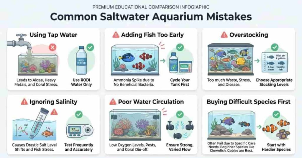 Common saltwater aquarium mistakes infographic showing beginner errors and correct aquarium practices.