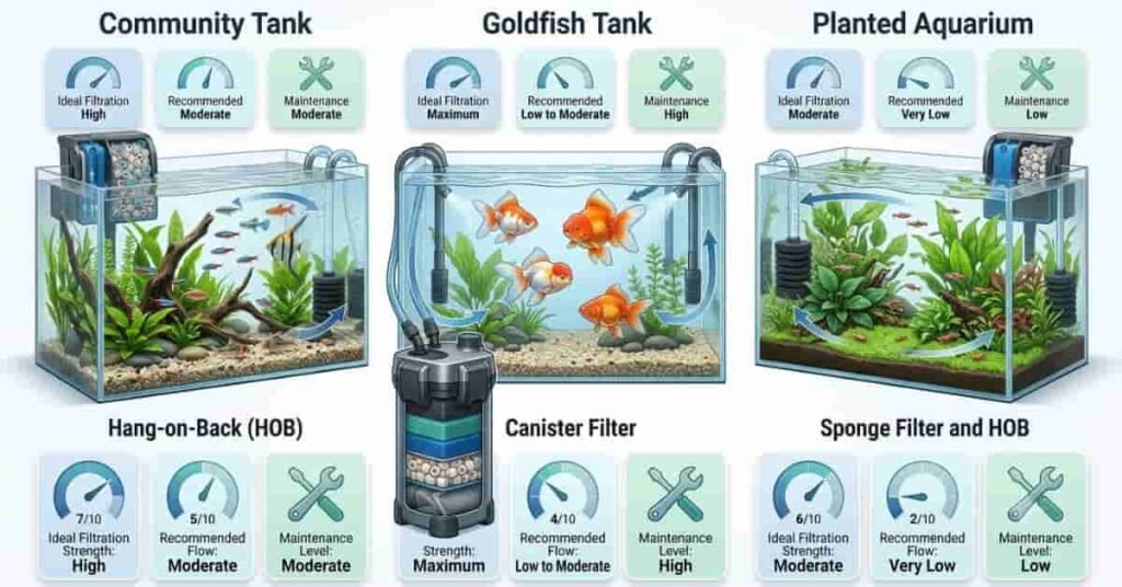Freshwater aquarium filter setup comparison for community, goldfish, and planted aquariums.