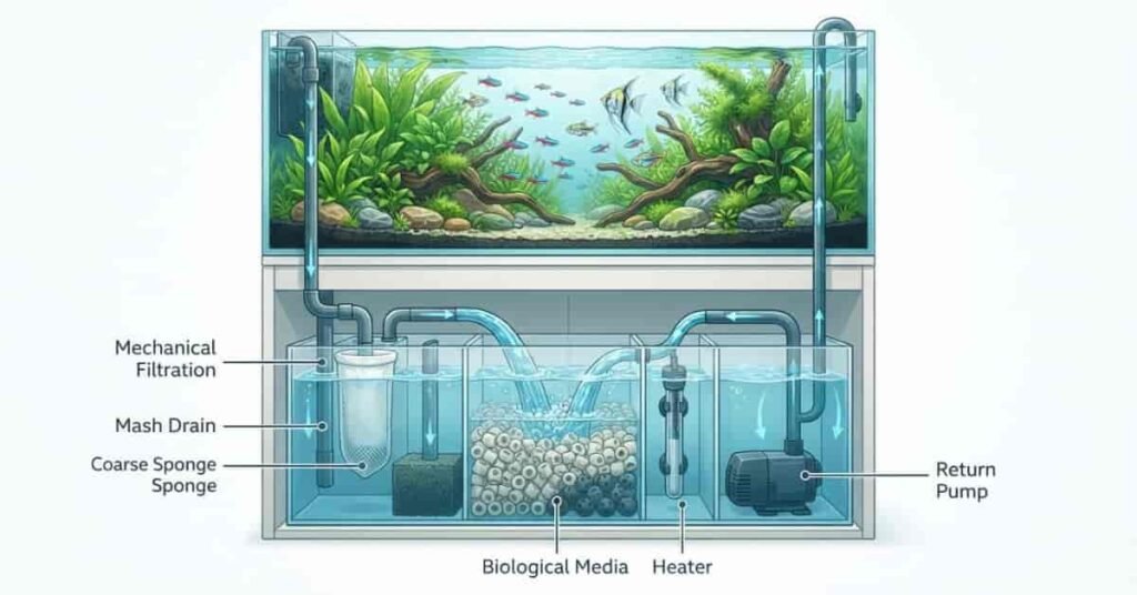 Freshwater aquarium sump setup diagram showing mechanical filtration, biological media, heater, and return pump.