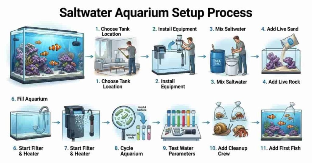 Step-by-step saltwater aquarium setup infographic showing eleven beginner setup stages.