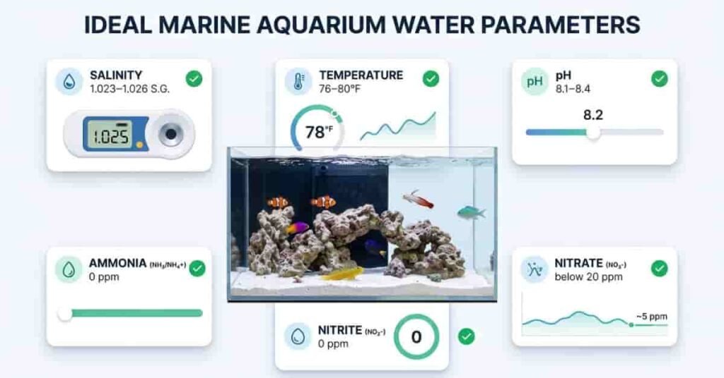 Ideal marine aquarium water parameters infographic with salinity, pH, temperature, ammonia, nitrite, and nitrate.
