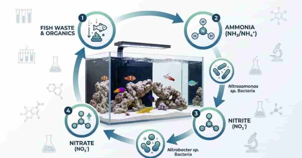 Marine aquarium maintenance checklist showing daily, weekly, and monthly care tasks.