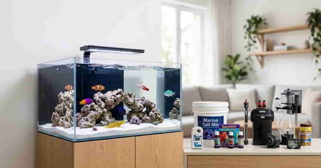 Marine aquarium setup with beginner saltwater fish tank, live rock, marine equipment, and colorful tropical fish.