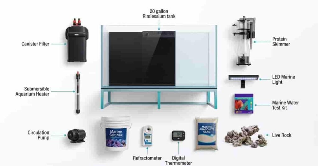 Essential equipment needed for a marine aquarium setup including filter, skimmer, heater, salt mix, and test kit.