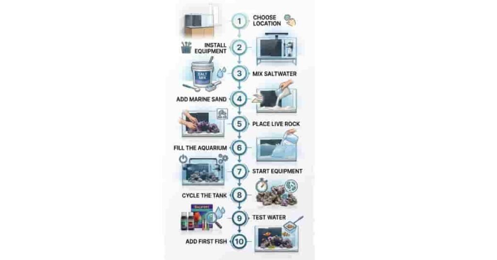 Step-by-step marine aquarium setup infographic for beginners.