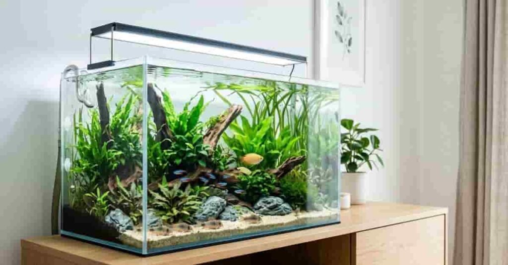 Planted aquarium setup with lush live aquatic plants, LED lighting, driftwood, rocks, and healthy freshwater fish in a modern beginner-friendly aquascape.