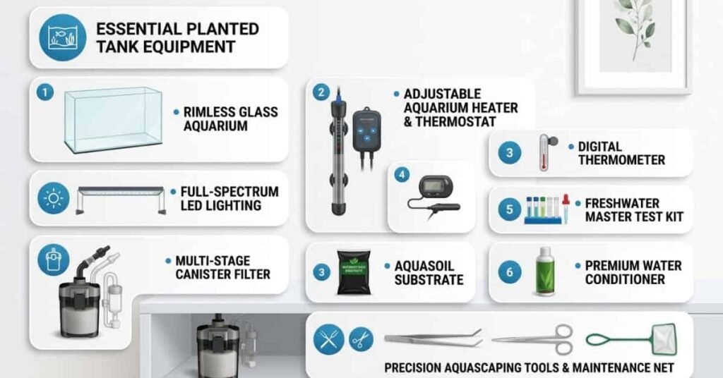 Essential equipment checklist for a planted aquarium setup including tank, filter, lighting, heater, substrate, water conditioner, and test kit.