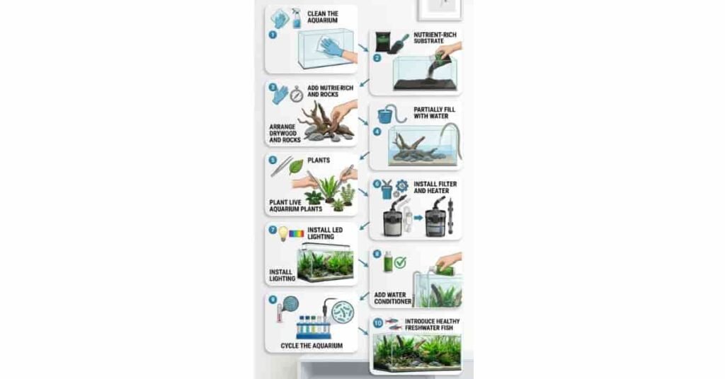 Step-by-step planted aquarium setup infographic showing substrate, hardscape, live plants, equipment installation, cycling, and adding fish.