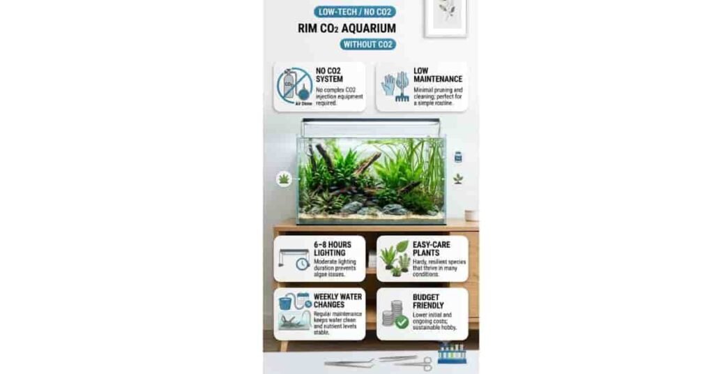 Low-tech planted aquarium without CO₂ showing beginner-friendly plants, LED lighting, and simple maintenance routine.