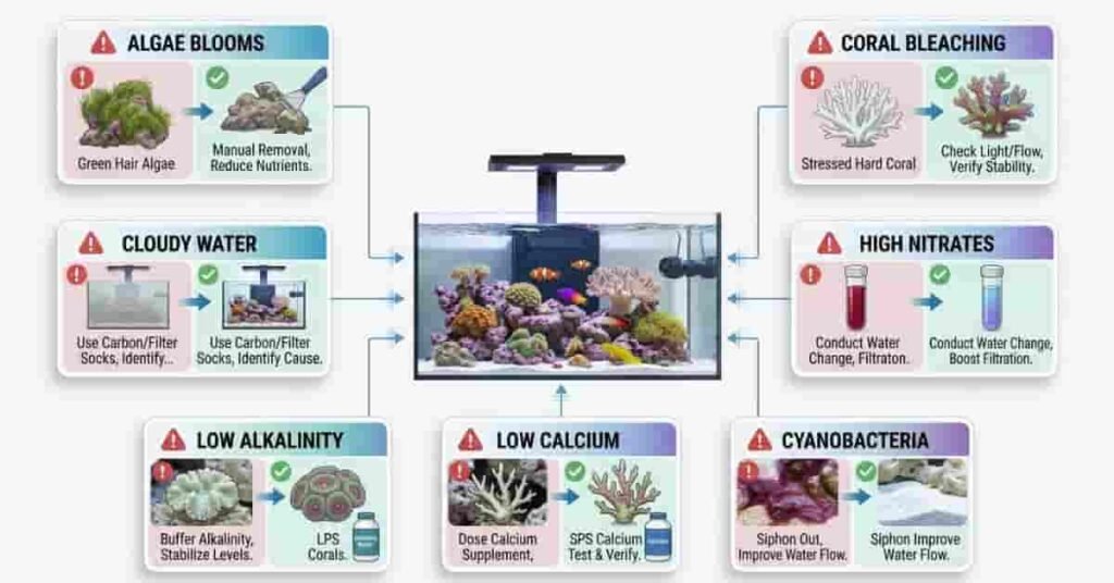 Reef aquarium maintenance schedule showing daily, weekly, monthly, and quarterly maintenance tasks.