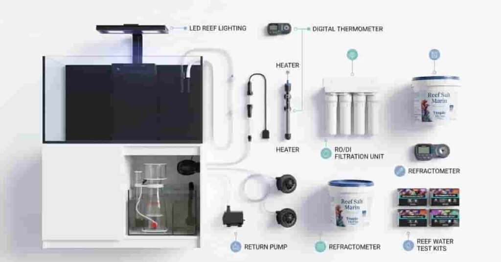 Essential equipment needed for a beginner reef aquarium setup including tank, sump, lighting, pumps, and test kits.