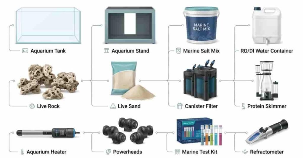 Saltwater aquarium setup equipment checklist including tank, filter, live rock, heater, test kit, and refractometer.