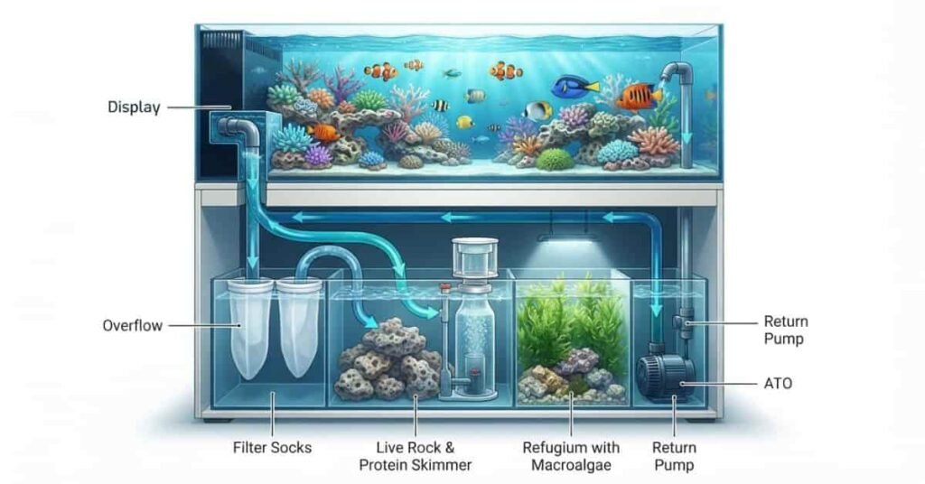 Saltwater aquarium sump setup showing live rock, protein skimmer, refugium, and marine filtration.
