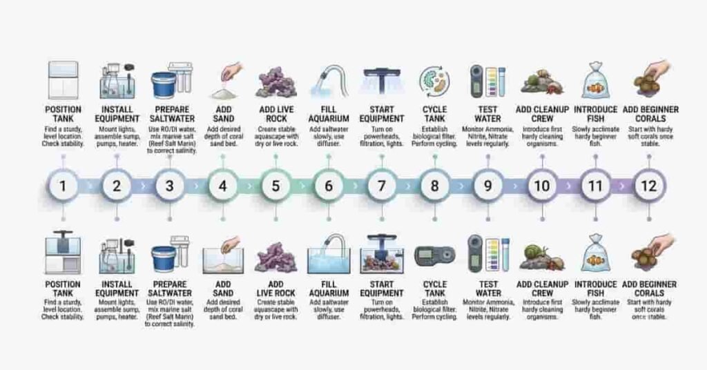 Step-by-step reef aquarium setup infographic showing the complete beginner process from empty tank to healthy reef.