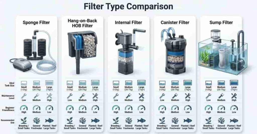 Comparison infographic of sponge, Hang-on-Back, internal, canister, and sump aquarium filters.