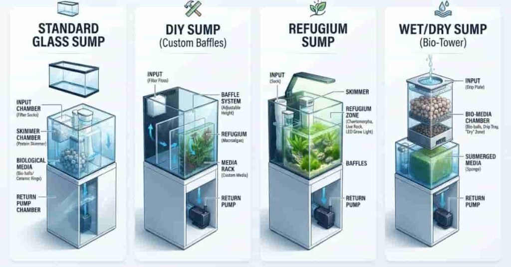 Comparison of standard glass sump, DIY sump, refugium sump, and wet dry sump systems.