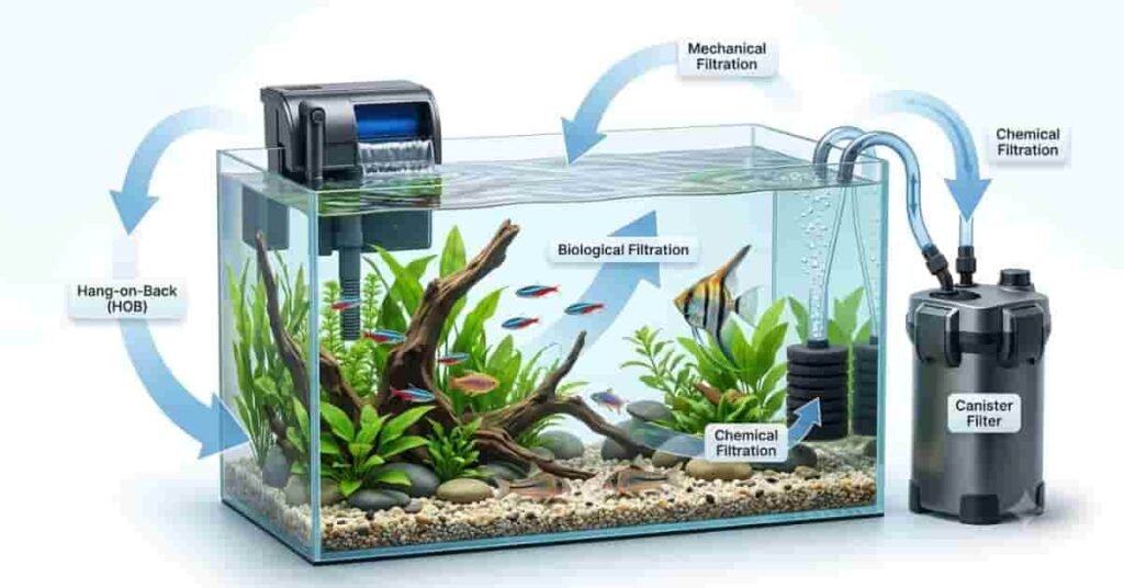 Educational infographic showing how an aquarium filter works through mechanical, biological, and chemical filtration.