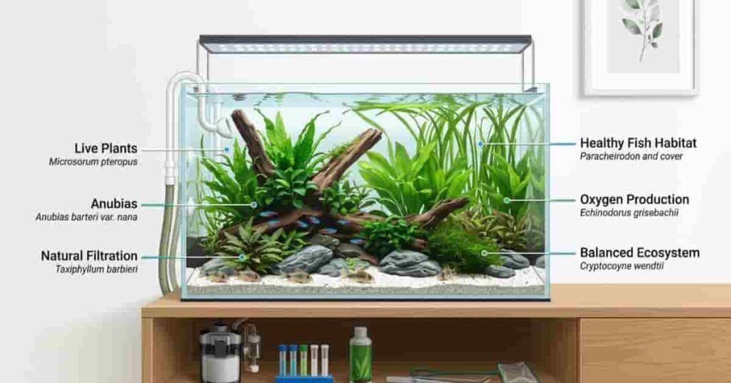 Illustration explaining what a planted aquarium is with live aquatic plants, healthy freshwater fish, and a natural ecosystem.