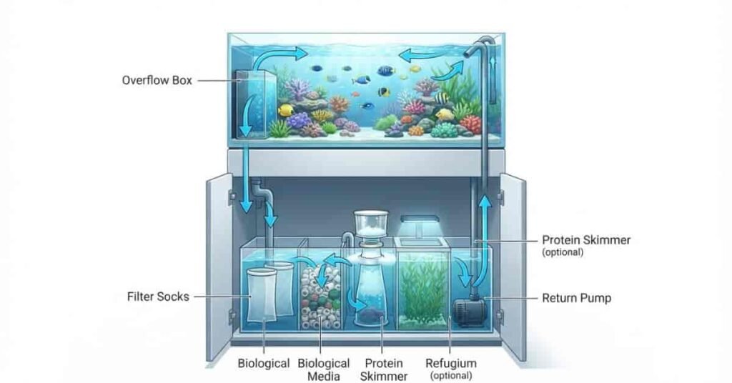 Aquarium sump setup diagram showing water flow, overflow box, filter media, and return pump.