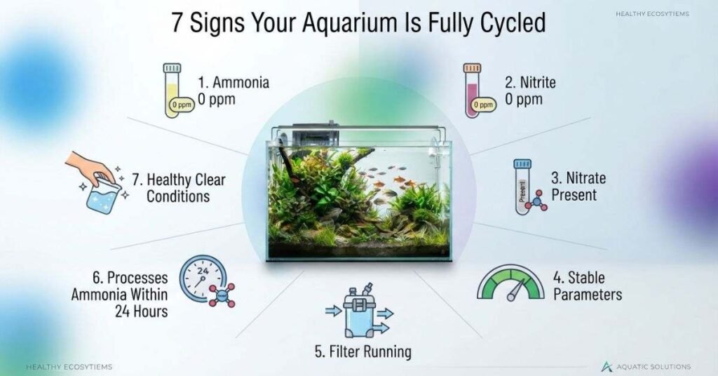 Seven signs of a fully cycled aquarium including zero ammonia and nitrite