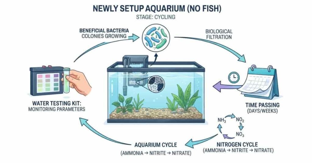 Aquarium nitrogen cycle hero illustration showing fish waste converting into ammonia, nitrite, and nitrate through beneficial bacteria in a healthy freshwater aquarium.