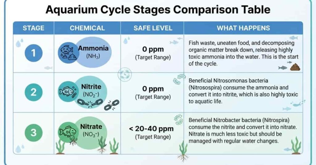 Aquarium nitrogen cycle diagram showing fish waste changing into ammonia, nitrite, nitrate, and removal through water changes.