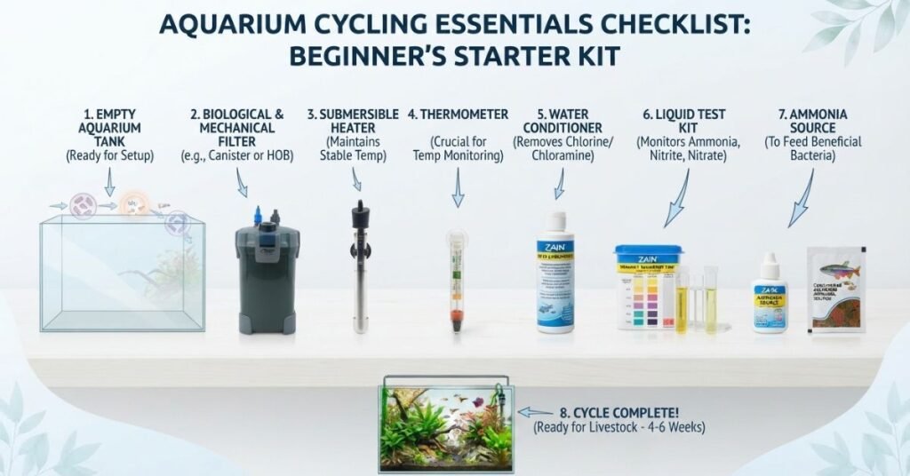 Aquarium nitrogen cycle diagram showing ammonia, nitrite, nitrate, and beneficial bacteria stages.