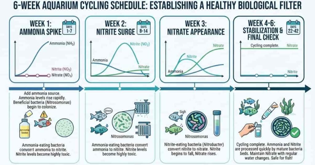 Aquarium nitrogen cycle timeline showing ammonia, nitrite, and nitrate changes over 4 to 6 weeks.