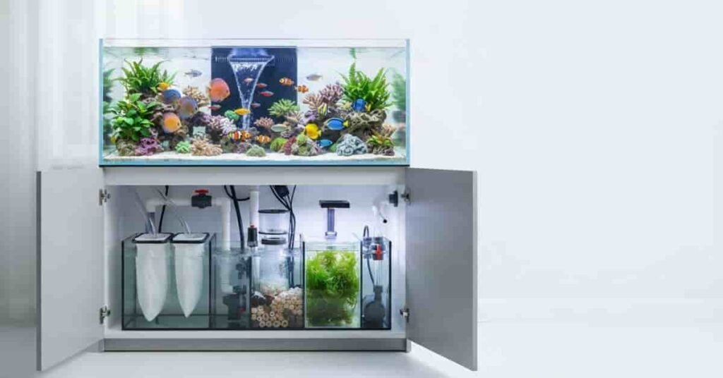 Professional aquarium sump setup with display tank, overflow system, protein skimmer, biological filtration, refugium, and return pump.