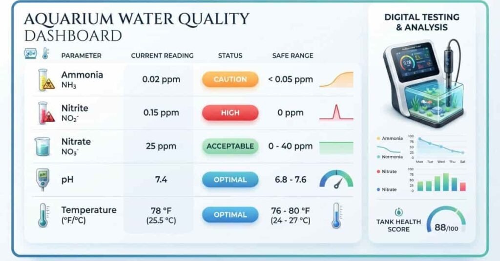 Aquarium water parameter chart showing ammonia, nitrite, nitrate, pH, and temperature during cycling.