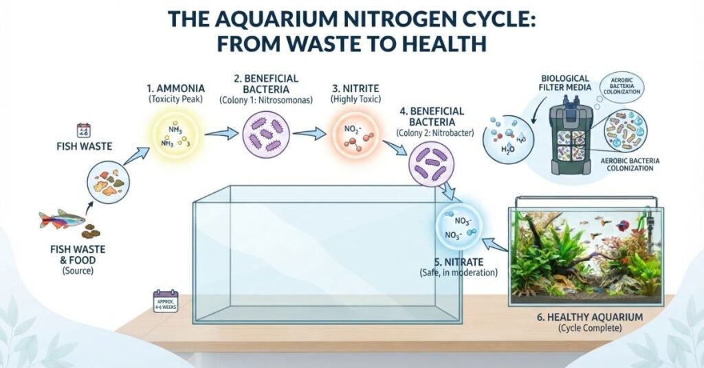 Aquarium cycling timeline infographic showing the 4–6 week nitrogen cycle process for freshwater and saltwater aquariums.