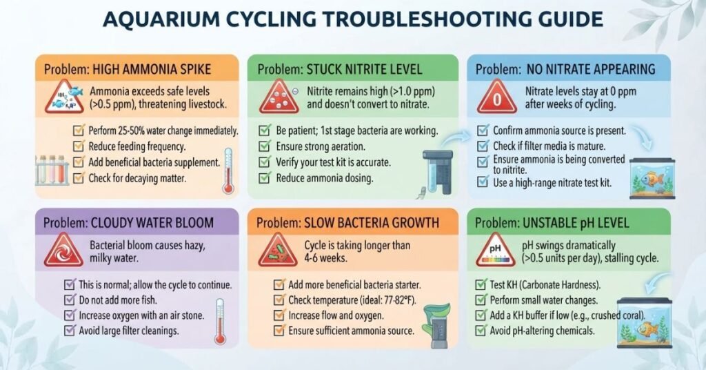 Infographic illustrating common beginner mistakes that delay aquarium cycling and the correct solutions.