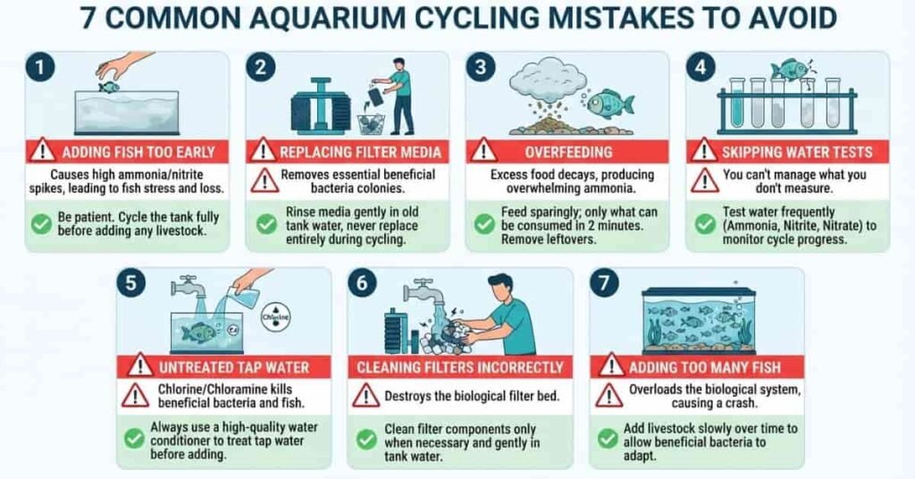 Common aquarium cycling mistakes infographic showing beginner errors to avoid.