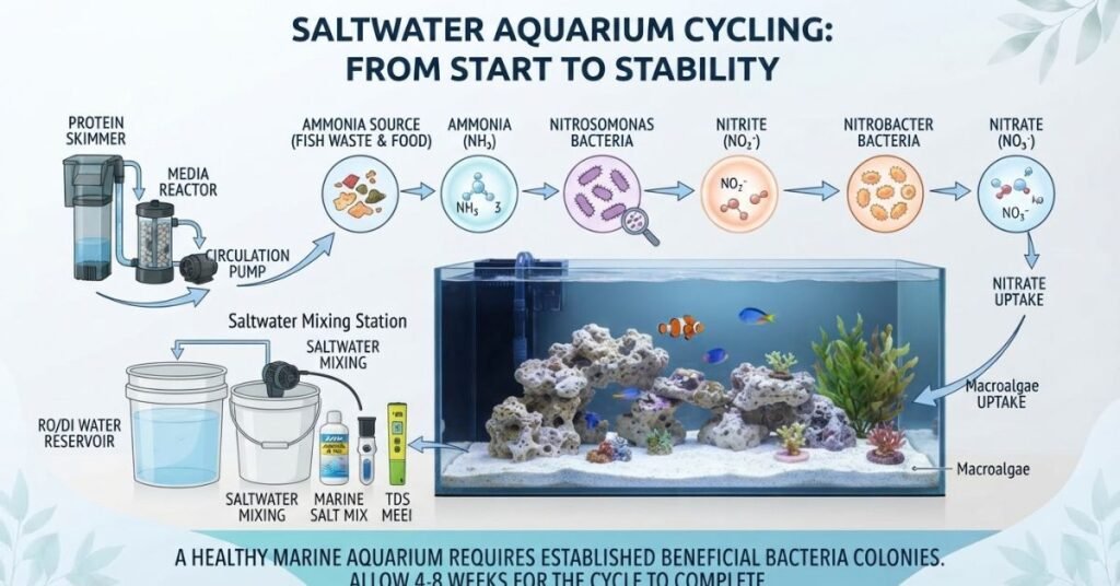 Infographic showing the main factors that affect aquarium cycling time and nitrogen cycle development.