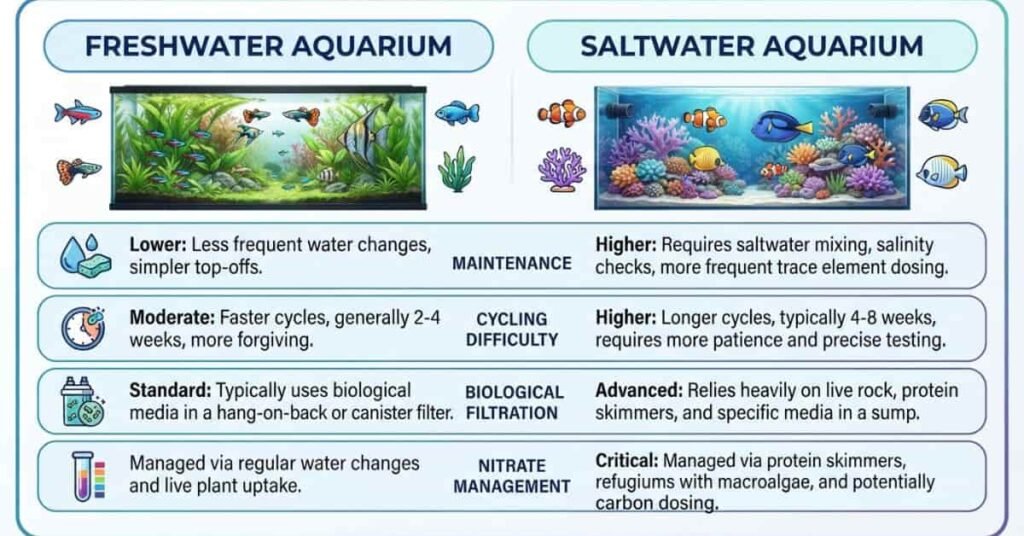 Freshwater vs saltwater nitrogen cycle comparison infographic for beginner aquarium owners.