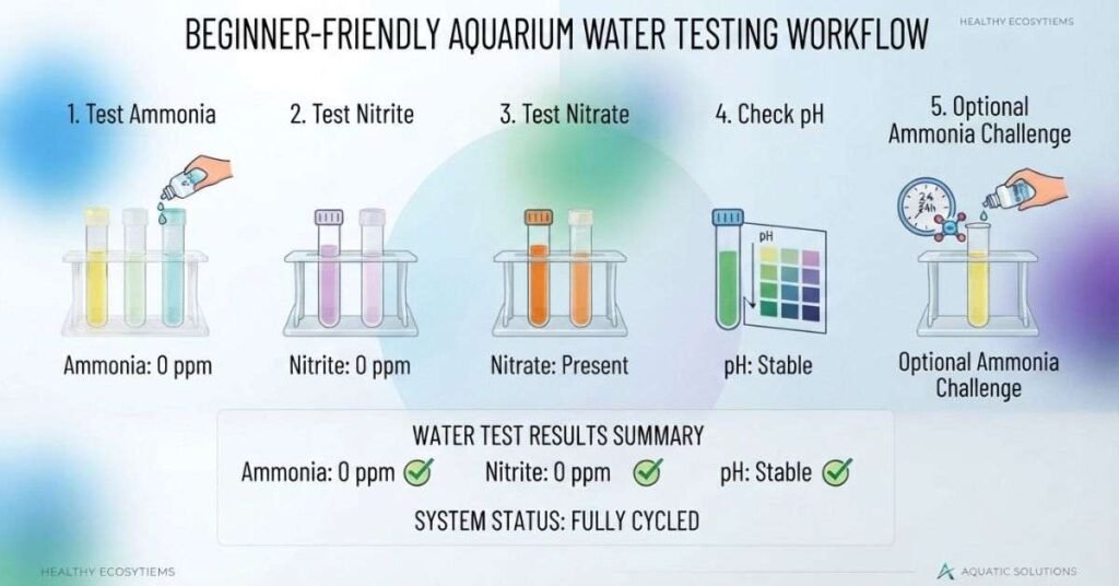 Aquarium water testing steps for confirming a fully cycled tank
