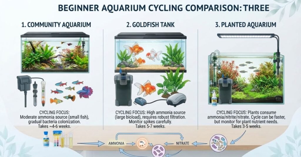 Saltwater aquarium cycling comparison showing live rock, dry rock, and marine bacteria timeline.