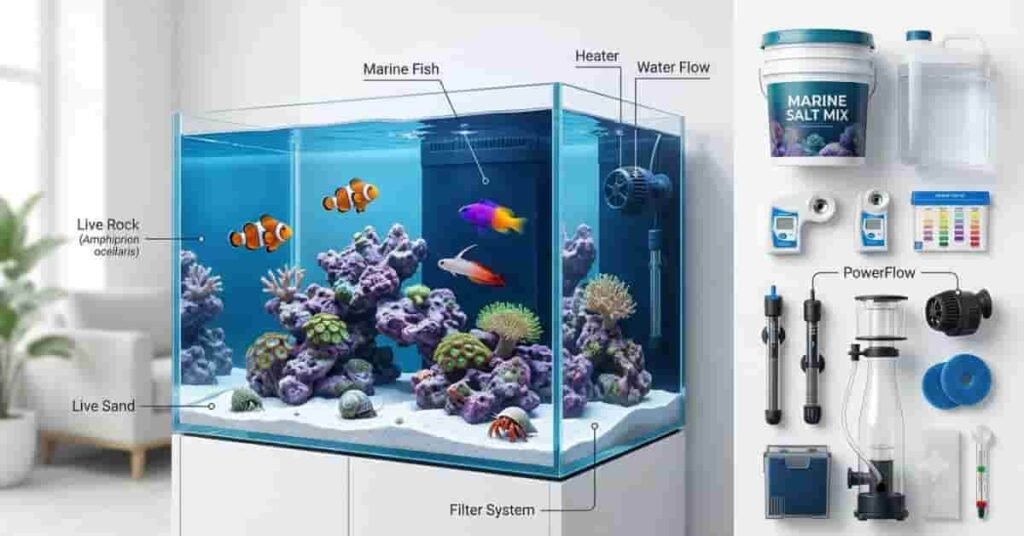 Saltwater aquarium setup guide featuring a beginner-friendly marine fish tank with live rock, clownfish, essential equipment, and a modern educational layout.