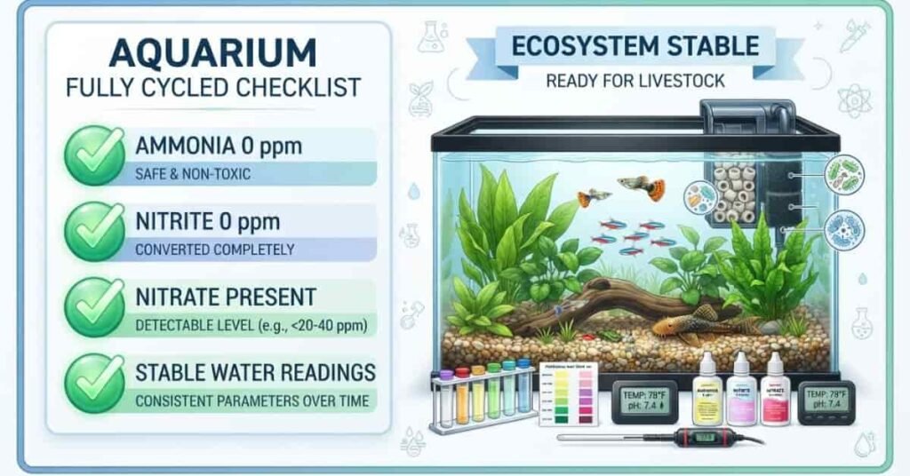 Aquarium fully cycled checklist showing ammonia zero, nitrite zero, nitrate present, and stable water test results.