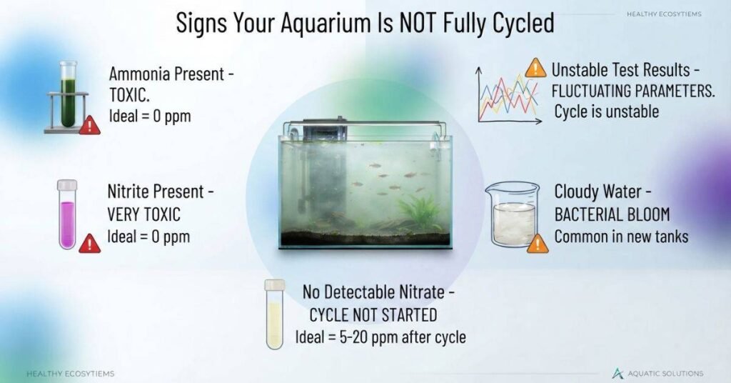 Signs an aquarium is not fully cycled including ammonia nitrite and cloudy water