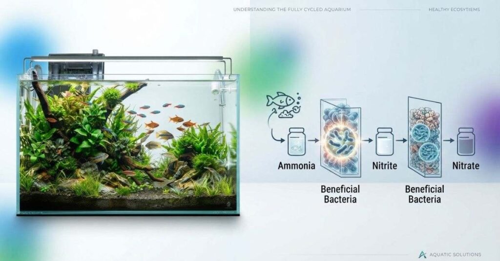 Fully cycled aquarium showing beneficial bacteria and nitrogen cycle