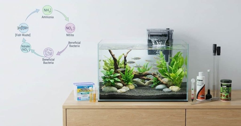 Cycling aquarium with fish showing a healthy freshwater aquarium, nitrogen cycle infographic, beneficial bacteria, water testing kit, and essential fish-in cycling equipment.