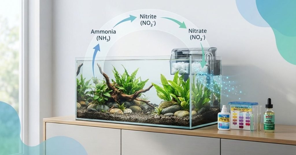 Fishless aquarium cycle showing a newly set up aquarium with a filter, heater, water test kit, and beneficial bacteria establishing during the cycling process.