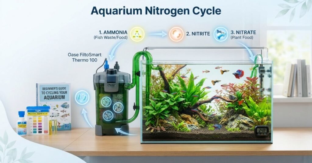 How long to cycle aquarium featured image showing the complete 4–6 week nitrogen cycle timeline for freshwater and saltwater tanks.